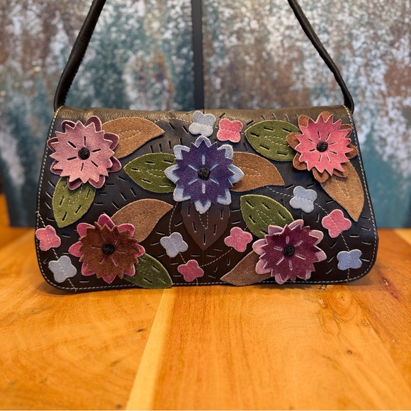 Boho Artisanal 3D Floral Applique Statement Shoulder Bag (EUC) - Picture 4 of 15